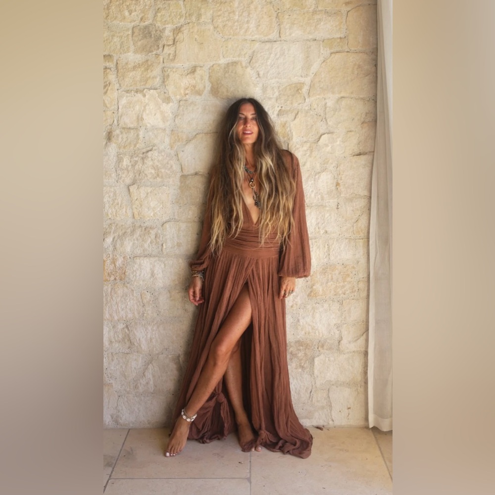 Jen’s Pirate Booty Lapis Rust Boho Maxi Dress Long Sleeve Slit Festival | Size S - Picture 5 of 17